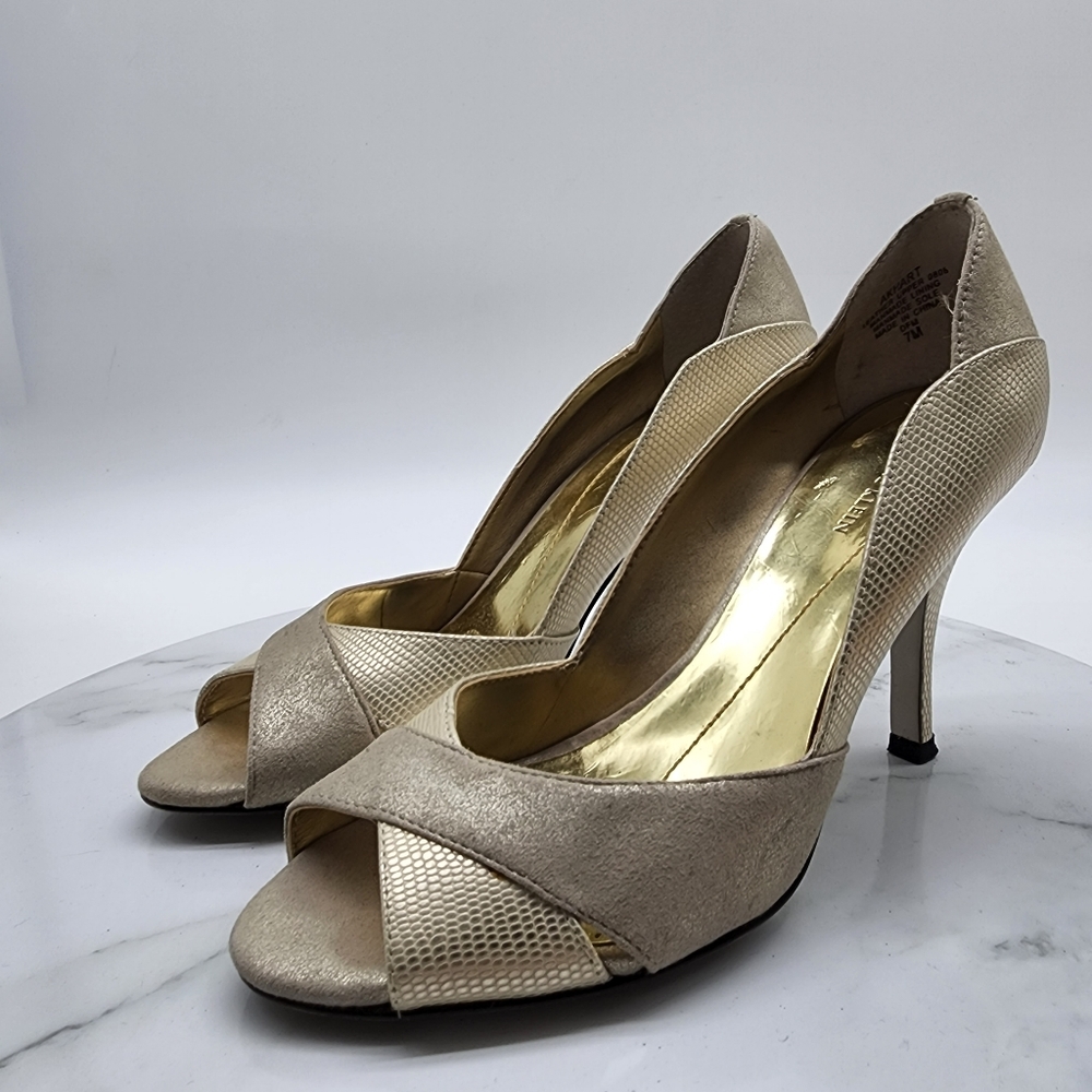 Aus 7 Anne Klein Gold Metallic Leather Open Toe Heels - Picture 12 of 16